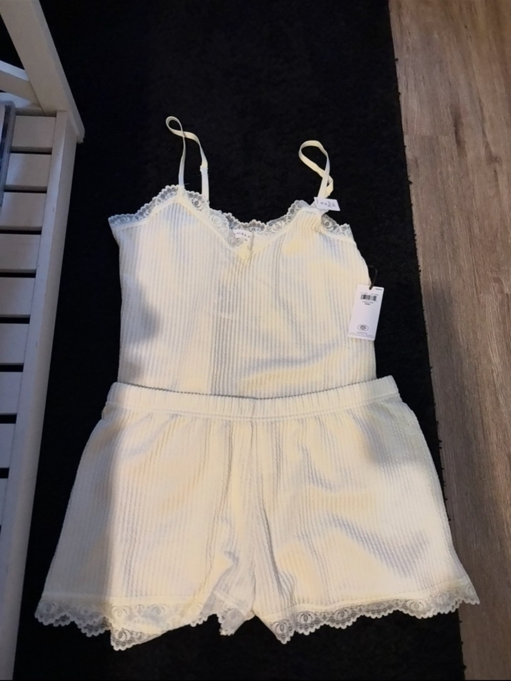 Lace Trim Ribbed Cami & Shorts Set - butter yellow